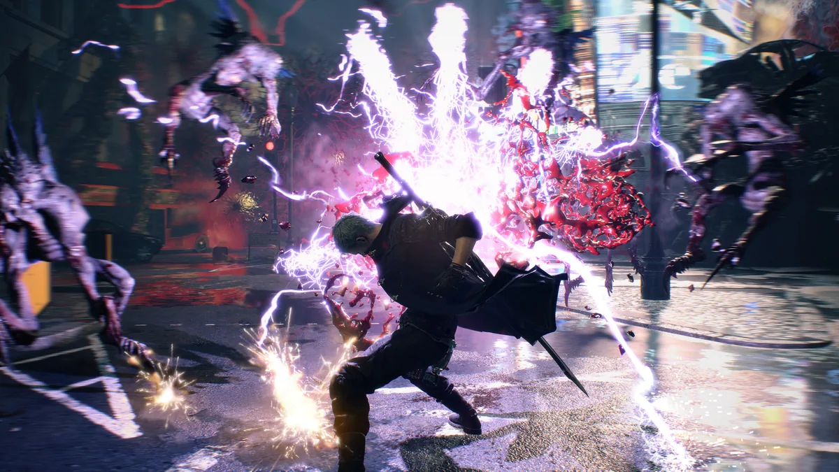 Captura oficial de combate de Devil May Cry 5 en Steam junto a una prueba controlada de Nucleus Co-op