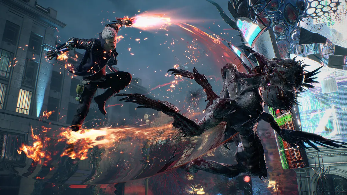Captura oficial de gameplay de Devil May Cry 5 en Steam junto a las instrucciones de prueba de dos instancias