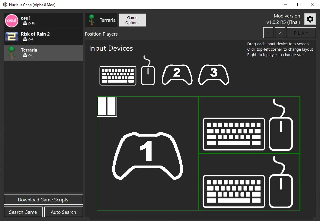 Offizieller Screenshot von Nucleus Co-op Alpha 8 Mod mit Eingabegeräten und Spielerbildschirm-Aufteilung