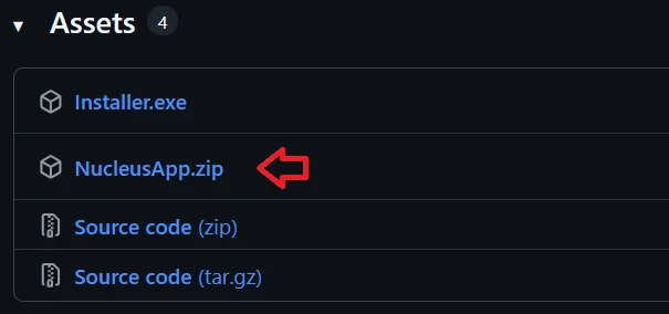 Offizieller GitHub-Release-Screenshot mit Installer.exe, NucleusApp.zip und Quellcode-Archiven